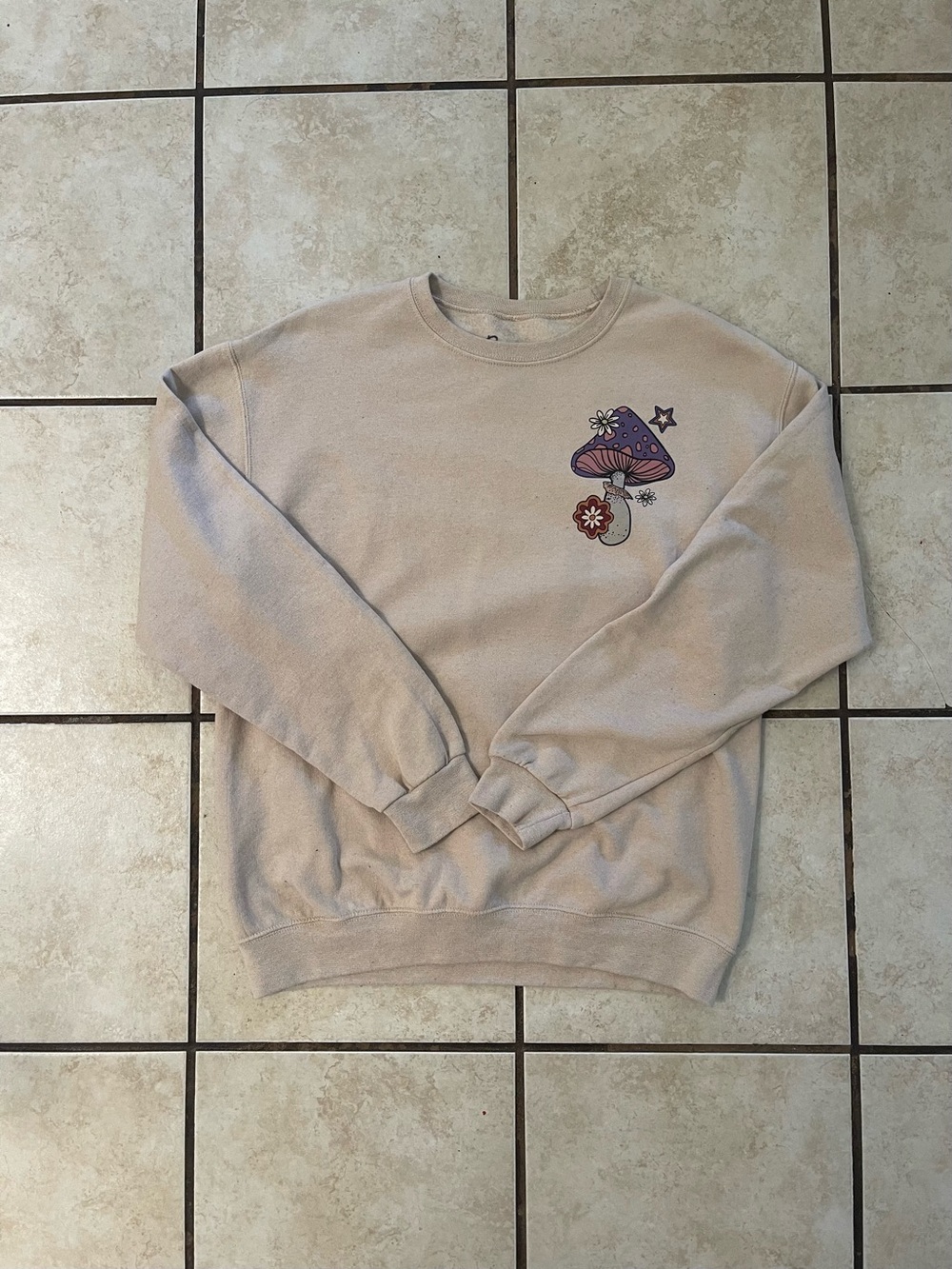 Beige Mushroom Graphic Crewneck Sweater -